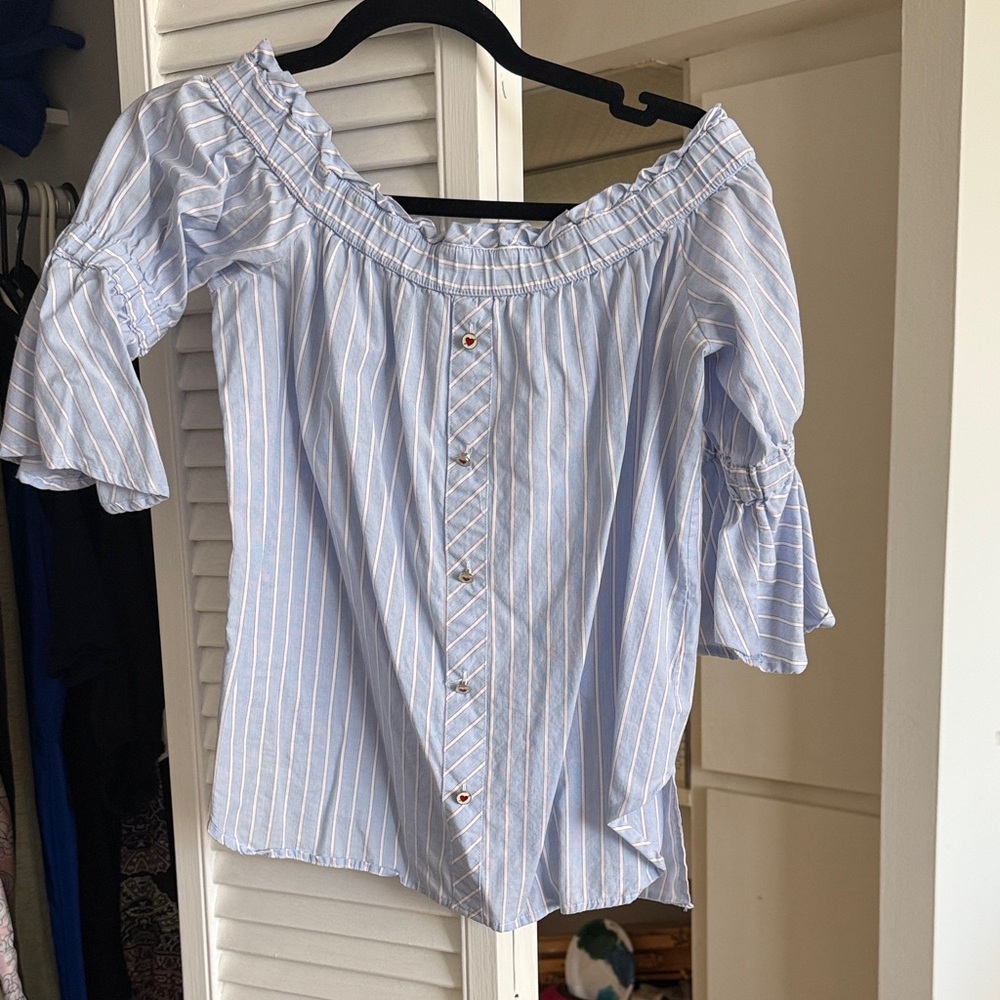 Elegant Light Blue Striped Off-Shoulder Blouse